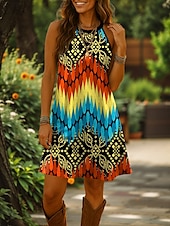 preiswerte Streifen- und geometrische Kleider-Damen Minikleid A Linie Kleid Sommerkleid Urlaub Lässig Täglich Normale Passform Grafik Geometrisch Ärmellos Neckholder Gelb Rote Blau Sommer