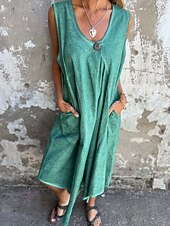abordables concevoir des robes en coton et lin-Femmes Robe Longue Maxi Robe Robe Décontractée Robe débardeur Robe d&#039;été Basique Moderne Quotidien Week-end Coupe régulière Uni Sans manches Col en U Bleu Fuchsia Vert Été