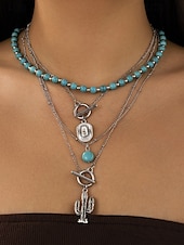 cheap Women&#039;s Necklace-Women&#039;s Western Layered Turquoise Beaded Necklace Set – Boho Statement Jewelry with Cactus &amp; Teardrop Charms, Ideal for Festivals, Country Concerts and Casual Wear