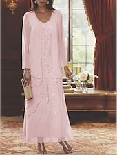 abordables Avec veste-Robe Mère de la Mariée Coupe Deux Pièces à la Plage Invité de Mariage Élégant Étincelle  Brillance Encolure en V Longueur Cheville Chiffon Sequins Manches Longues avec Sequins 2025 taille