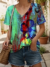 abordables T-shirt Art &amp; Design-Femmes T-shirt A Ombre Fleuri Graphique ancien Élégant Classique Manche Courte Col en V Hauts Réguliers Quotidien Imprimé Rouge Bleu Vert Été Printemps