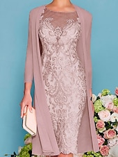 preiswerte Mit Jacke-zweiteiliges Etuikleid in Champagner für die Strandhochzeit, Mutter der Braut, elegantes Hochzeitsgastkleid mit Rundhalsausschnitt, knielang, Chiffonspitze, 3/4-Ärmel, Wickelkleid inklusive Jacke,