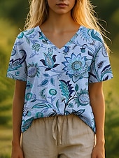 abordables T-shirt Boho-Femmes T-shirt Fleuri Graphique Plantes Bohème Élégant Occasionnel Manche Courte Col en V Hauts Réguliers Quotidien Imprimé Jaune Bleu Violet Vert Été Printemps