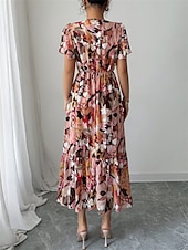 abordables Robes de cocktail-Robe de Quinceanera A-Line Robe élégante Mariage Invité de mariage Longueur thé À manches courtes Col en V Chiffon avec imprimé floral Robe d&#039;invitée de mariage 2025