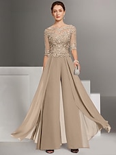 abordables Combinaisons pour maman-Combinaison deux pièces  tailleur mère de la mariée invitée de mariage église élégante petite décolleté bateau longueur sol chiffon manches mi-longues avec appliqués taille personnalisée gratuite