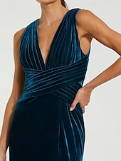 economico BLU-Abito in Velluto Sirena  Tromba Abito da Sera Galà Abito Formale Semi Formale Scollo Profondo Matrimonio Lunghezza Completa Senza Maniche Senza Spalline con Pieghe