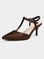 cheap Kitten Heels-Women&#039;s Brown T-Strap Pointed Toe Heels - Elegant Slingback Dress Shoes with Buckle for Office Wear and Daytime Dates