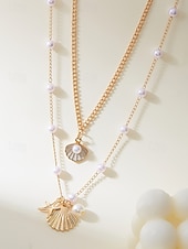 cheap Women&#039;s Necklace-Women&#039;s Summer Beach Necklace with Pearl, Shell and Starfish Charms – Gold-Plated Layered Necklace for Vacation, Casual Outfits and Special Occasions