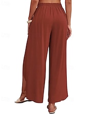 abordables Pantalón liso de lino y algodón-Mujer Pantalones de lino y algodón pantalones Casual Longitud total Cintura Media Plano Cintura elástica Separado Al Aire Libre Cómodo Festivos Ropa Cotidiana Fin de semana Albaricoque PEC Celeste