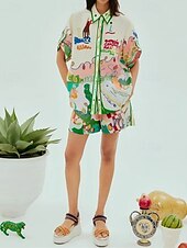 abordables Ensembles-Femmes Mode Streetwear Chemises en coton et lin Ensembles en coton et lin Ensembles de Shorts Manche Courte Col de chemise Graffiti Imprimé Tenue quotidienne Date Vert Été Coupe régulière