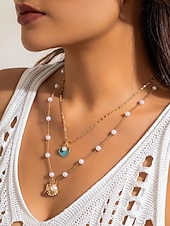 cheap Women&#039;s Necklace-Women&#039;s Summer Beach Necklace with Pearl, Shell and Starfish Charms – Gold-Plated Layered Necklace for Vacation, Casual Outfits and Special Occasions