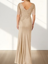 voordelige Vloerlengte-Zeemeermin  Trompet Moeder Van De Bruid Jurk Bruiloft Gast Elegante Crew Hals Vloerlengte Chiffon Halve Mouw Met Applicaties