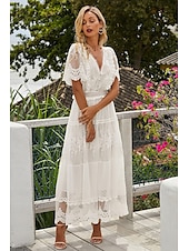 cheap White Lace Dresses-Women&#039;s Maxi long Dress White Dress Lace Dress Holiday Dress Swing Dress Elegant Romantic Boho Vacation Holiday Date Regular Fit Pure Color Short Sleeve V Neck White Summer Spring
