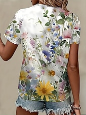 billige Blomster t-skjorte-Dame T skjorte Sommertopper Blomstret Planter Klassisk Fritid Kortermet V-hals Crop Tops Daglig Helg Trykt mønster Regnbue Sommer Vår Høst
