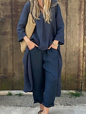 abordables Ensembles-Femmes Actif Chemises en coton et lin Chemisier Ensembles de Pantalons manche longue Col en V Couleur Unie Fête Week-end Noir Blanche Jaune Été Coupe régulière