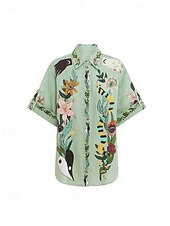 abordables Ensembles-Femmes Mode Streetwear Chemises en coton et lin Ensembles en coton et lin Ensembles de Shorts Manche Courte Col de chemise Fleuri Imprimé Tenue quotidienne Date Vert Été Coupe régulière