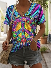 preiswerte Kunst &amp; Design T-Shirt-Damen T Shirt Druck Ombre Grafik Batik Vintage Stilvoll Lässig Kurzarm V Ausschnitt Normale Oberteile Täglich Blau Sommer Frühling