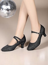 ieftine Pantofi Dans Latin-Pantofi de dans negri cu buline pentru femei, cu toc jos și bareta la gleznă - pantofi de dans profesionali pentru dansatori latino și swing