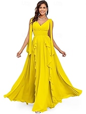 baratos Vestidos de Noite-Vestidos de Quinceanera A-Line Vestido Elegante Performance Natal Comprimento do Chão Sem Mangas Decote V Chiffon Costas Nuas com Pregas
