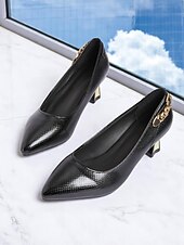 olcso Stiletto sarkú cipők-női fekete lakkbőr hegyes orrú cipők – texturált, arany lánc díszítéssel, arany sarkú cipők irodai viseletre, üzleti megbeszélésekre és hivatalos eseményekre