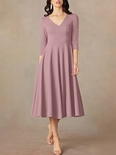 economico Lunghezza del tè-Abito A-Line madre della sposa ospite matrimonio elegante minimalista scollatura a V lunghezza tè in raso italiano manica a tre quarti con drappeggio