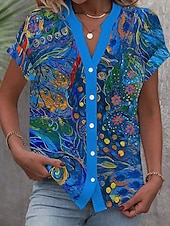 billige Blomstrete topper-Dame Bluse Blomstret Grafisk Årgang Stilfull Fritid Kortermet V-hals Vanlige topper Daglig Knapper Trykt mønster Blå Lilla Grønn Sommer Vår