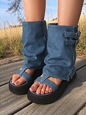 Χαμηλού Κόστους Μπότες αστραγάλου-Γυναικεία τζιν σανδάλια με πλατφόρμα Gladiator – ρετρό λεπτομέρεια με αγκράφα, ανοιχτά δάχτυλα, casual στυλ φεστιβάλ για καλοκαιρινό streetwear