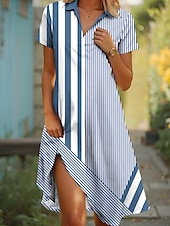 tanie Sukienka w paski i geometryczna-Damskie Sukienka midi Sukienka A line Letnie sukienki Urlop Codzienny Styl plażowy Randka Letnia sukienka Regularny Graficzny Prążki Krótki rękaw Klapa Jasnobrązowy Niebieski Zielony Lato