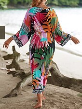 Недорогие Кафтаны-Жен. Купальники Накидка купальник галстук спереди тропический Одежда для пляжа Цветы V-образный вырез Длинный рукав Купальники