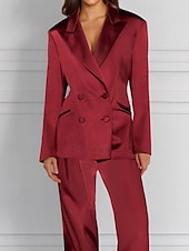 economico Tailleur pantalone della mamma-Tuta a Due Pezzi  Completo Completo per Madre della Sposa Giacca Doppiopetto Elegante Vintage Semplice Collo a V Lunghezza Piedi Satin Stretch Maniche Lunghe con Bottoni Coperti