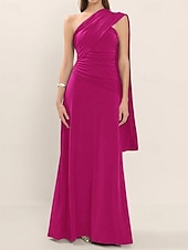 preiswerte BLAU-A-Linie Abendkleid Elegant Kleid Formell Hochzeitsgast Bodenlang Ärmellos Ein-Schulter Jersey mit Gerafft 2025