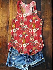 billige Blomstrete tanktop-Kvinne Top Tank Topp Sommer Topper Blomster Grafikk Basic Uten Ermer V-Hals Vanlige Topper Trykk Rød Lilla Oransje Grønn Sommer Vår