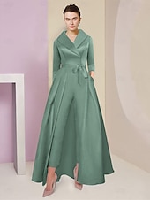 abordables Combinaisons pour maman-Combinaison  Tailleur Mère de la Mariée Tuxedo Invité de Mariage Élégant Party Simple Col Chemise Longueur Cheville Satin Manches 3/4 avec Nœud(s) 2025 taille personnalisée gratuite