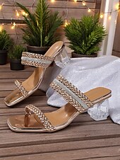 cheap Nightlife Party-Women&#039;s Gold Braided Strap Slide Sandals with Clear Block Heels - Sparkly Open Toe Party Shoes for Nightlife and Clubwear