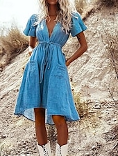abordables Robes Bohémiennes-Femmes Mini Robe Robe en coton et lin Robe bohème Robe occidentale Mode Moderne Vacances Fête Week-end Coupe régulière Uni Manche Courte Col en V Bleu Été