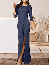 cheap Floor Length-Mermaid / Trumpet Mother of the Bride Dress Wedding Guest Elegant Sparkle &amp; Shine Crew Neck Floor Length Chiffon Lace 3/4 Length Sleeve with Lace Ruffles Split Front