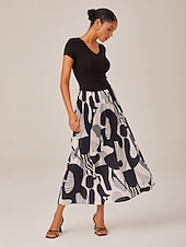 economico Abiti floreali-Abito lungo da donna in bianco e nero lavorato a maglia, patchwork, tessuto, stampa geometrica astratta, elegante, gonna a trapezio, svolazzante, elastico in vita, casual, da indossare tutti i giorni