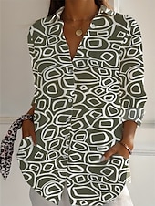 abordables Chemises-Femmes Chemises en coton et lin Géométrique Quotidien Occasionnel Manche 3/4 Col de chemise Hauts Réguliers Quotidien Fête Boutons Imprimé Noir Blanche Marron Vert Été