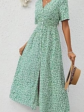 abordables Robes fleuries-Femmes Robe maxi Robe trapèze Occasionnel Extérieur Sortir Coupe régulière Fleuri Manche Courte Col en V Bleu Vert Été