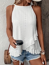 cheap Plain Tank Top-Women&#039;s Camisole Tank Top Plain Elegant Casual Sleeveless Crew Neck Regular Tops Daily Holiday Eyelet Black White Pink Summer Spring