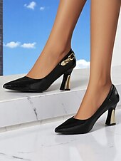 olcso Stiletto sarkú cipők-női fekete lakkbőr hegyes orrú cipők – texturált, arany lánc díszítéssel, arany sarkú cipők irodai viseletre, üzleti megbeszélésekre és hivatalos eseményekre