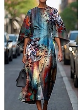 preiswerte Druck Blumen Kleider-Damen Langes Kleid Maxikleid Freizeitkleid Sommerkleid Mode Modern Täglich Date Wochenende Normale Passform Blumen Geometrisch Dreiviertelarm Rundhalsausschnitt Rosa Rote Blau Khaki Sommer