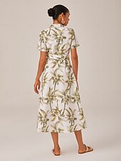 voordelige Vakantiejurken-Dames Vrouw Shirtjurk Casual jurk Jurk met print Halflange jurk Groen Korte mouw Blad Planten Palmboom Zak Omgord Afdrukken Zomer Lente Herfst Overhemdkraag Vakantie XS S M
