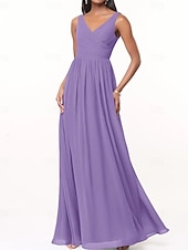 baratos Vestidos para Madrinhas-Vestido de Dama de Honra A-Line Decote V Sem Mangas Elegante Comprimento Total Chiffon com Plissado  Franzido