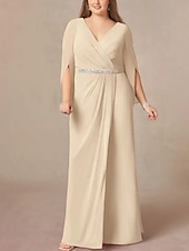 preiswerte Bodenlänge-A-Linie Brautmutterkleid Hochzeitsgast Elegant V Ausschnitt Bodenlang Chiffon Spitze Langarm mit Falten Perlenstickerei Raffung 2025