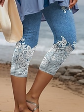 billiga Blå 3D-utskrift-Damleggings Capri-byxor 3D-print hög elasticitet semester retro mode vadlängd hög midja blommig grafisk geometrisk andningsbar mjuk stretchig formell semester kontor robin&#039;s egg blå