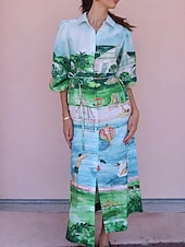 abordables concevoir des robes en coton et lin-Femmes Robe Longue Maxi Robe Robes en coton et lin Robe Décontractée Mode Extérieur Soirée Fête Coupe régulière Paysage Manche 3/4 Col de chemise Vert Été