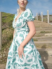 abordables Robes de vacances-robe mi-longue à manches bouffantes et col V