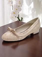 abordables Occasionnel-Ballerines en dentelle blanche pour femme avec nœud – Chaussures de mariage à talon bas pour mariée ou demoiselle d&#039;honneur