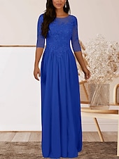 baratos Comprimento do chão-Vestido para Mãe da Noiva em A Convidada de Casamento Elegante Decote Redondo Comprimento até o Chão Chiffon Manga Curta com Pregas e Apliques